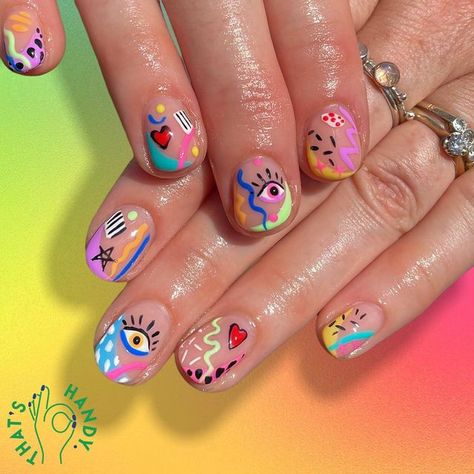 Fun Pattern Nails, Colourful Christmas Nails, Mens Painted Nails Designs, Colorful Manicure, Funky Colourful Nails, Guy Painted Nails, Doodle Nail Art, Festival Nail Art, Colourful Nail Art