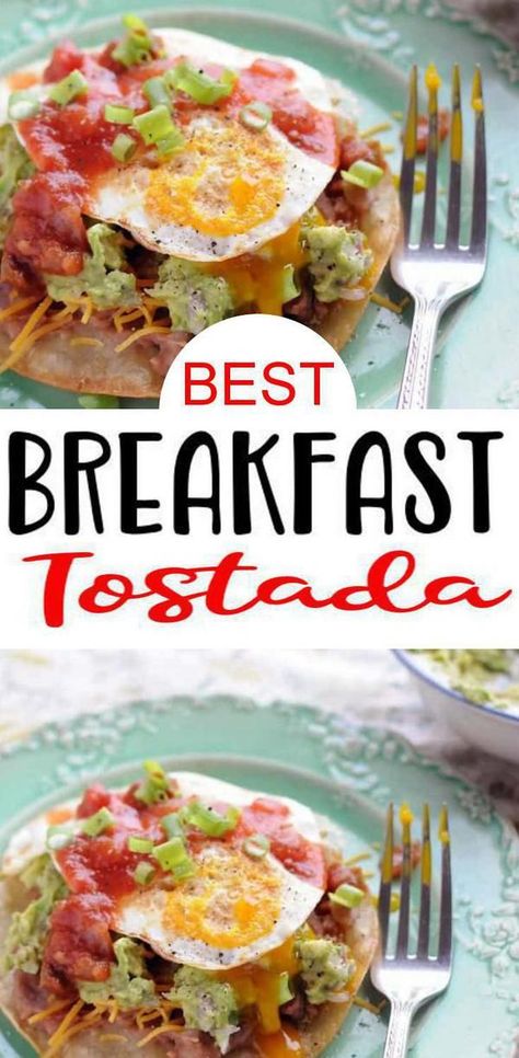 crispy tortilla with refried beans, fried egg, salsa and avocado on blue plate with fork Breakfast Tostada Recipes, Breakfast Tostados, Smooth Recipes, Egg Tostada, Breakfast Tostada, Breakfast Tostadas, Tostada Recipe, Mexican Brunch, Breakfast Tortilla