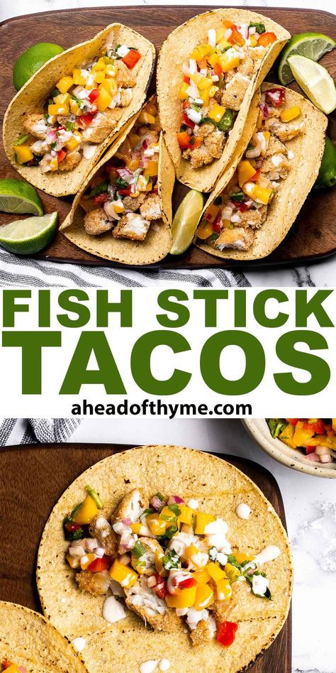 Fishstick Tacos, Fish Stick Tacos, Red Pepper Salsa, Breaded Fish, Soft Tortillas, Lime Crema, Pepper Salsa, Thyme Recipes, Fish Sticks