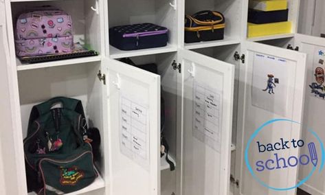 Kids Cubby Storage Ideas, Bookbag Organization, Bookbag Storage, Backpack Station, Kid Storage, School Bag Organization, School Bag Storage, Bookcase Hack, Home Command Center