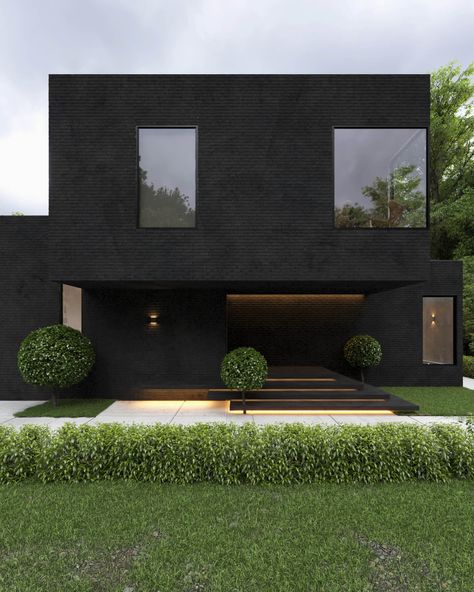 Black Brick House Exterior, Black Brick House, Black Modern House, Rendered Houses, Townhouse Exterior, Brick Cladding, House Cladding, Contemporary House Exterior, Modern Villa Design