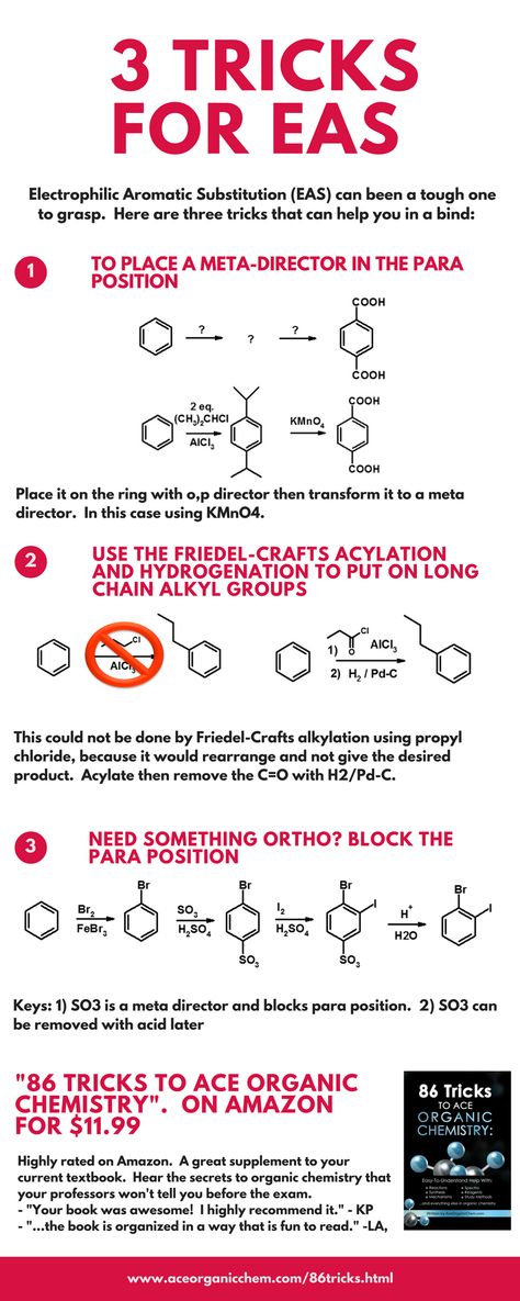 three tricks to help you with EAS in organic chemistry...more at http://www.aceorganicchem.com/86tricks.html Organic Chemistry Tricks, Chemistry Tricks, Organic Chemistry Reactions, Chemistry Help, Organic Chem, Organic Chemistry Study, Chemistry Study Guide, Chemistry Laboratory, Chemistry Basics