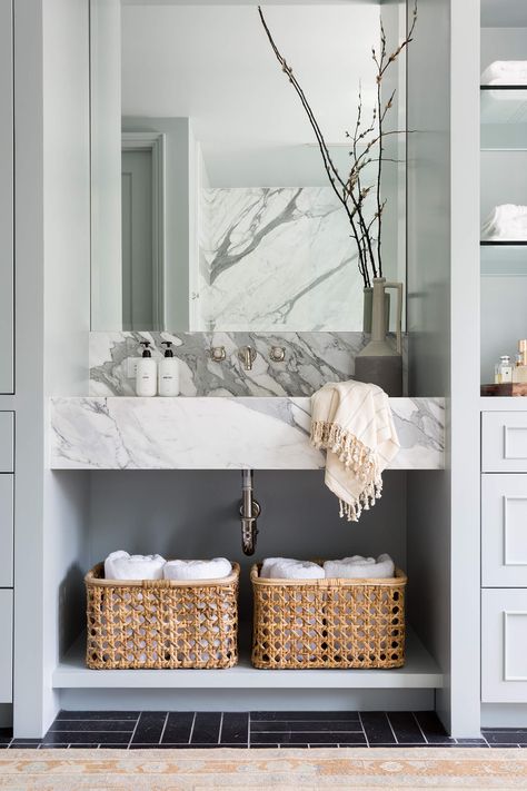 Hamptons Bathrooms, Marble Sink Vanity, Kate Lester Interiors, Cape Cod Bathroom, Kitchen Towels Storage, Modern Cape Cod, Primary Bathroom Remodel, Common Bathroom, Linen Closet Storage