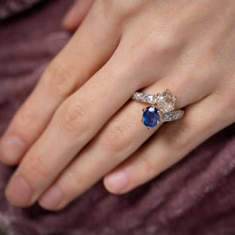 Moi Et Toi Engagement Ring Sapphire, Toi Et Moi Engagement Rings Sapphire, Toi Et Moi Ring Sapphire, 2 Diamond Ring Design, Toi Et Moi Ring With Wedding Band, Saphire Jewelry, Engaged Rings, Marriage Rings, Diamond Sapphire Ring