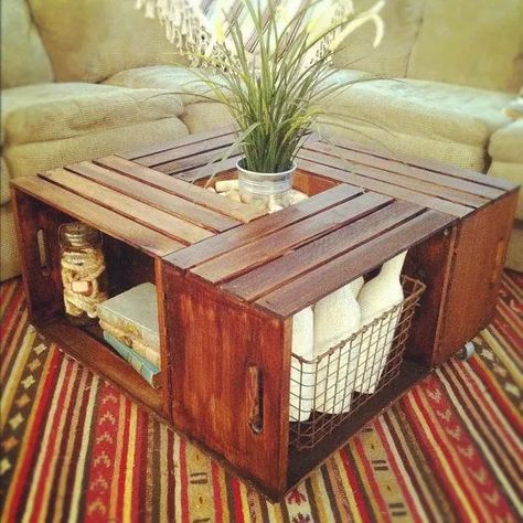 It is unbelievable how many furniture stores are literally ripping you off for a coffee table. Seriously, a coffee table? Something so simple and small (most of the time). Here is a stylish, rustic, functional and cheap DIY alternative! What you'll need: 1. Obviously the first thing to start your project would be to find some wooden crates in good condition and similar sizes. The size of the crates will determine the size of your base and the size of the glass top (if you decide to… Coffee Table Made From Crates, Wine Crate Coffee Table, Wood Crate Coffee Table, Wooden Pallet Coffee Table, Vintage Wood Crates, Table Palette, Crate Coffee Table, Traditional Coffee Table, Pallet Furniture Designs