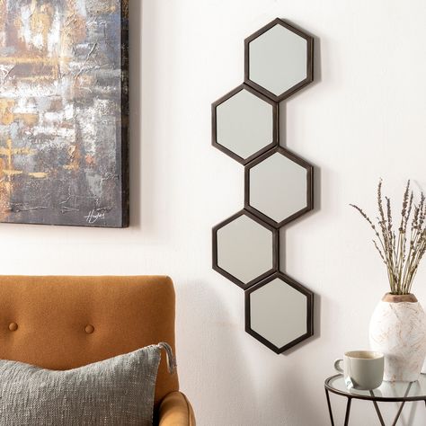 Create visual rhythm and movement in your home with the Falak Modern Geometric Hexagons Mirror. The repeating patterns of hexagonal shapes are key in this design, providing a modern edge and a talking piece in any room. Honeycomb Mirror, Octagon Mirror, Hexagon Mirror, Mirror Display, Modern Contemporary Style, Modern Accents, Mirrors Wayfair, Modern Forms, Copper Finish