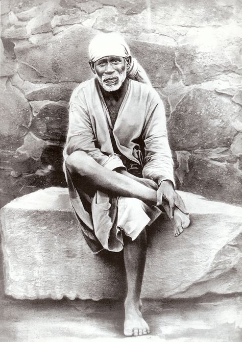 My favorite picture of Shirdi Sai Baba who was Swami Kaleshwar's Master.  This is a copy of the one that hangs in the Kaleshwar Dwarkamai in Penukonda. Shirdi Sai Baba, Sai Baba, White, Black