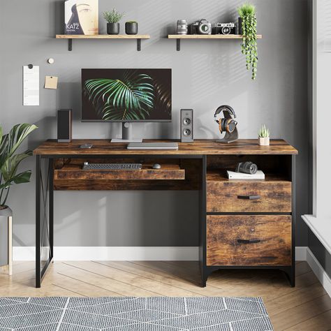 Steelside™ Labelle 55.1'' Desk & Reviews | Wayfair Coffee Table Fireplace, Study Computer, Bookshelf Table, Desk With Keyboard Tray, Wood Computer Desk, Industrial Desk, Keyboard Tray, Bookshelf Desk, Living Room Tv Stand