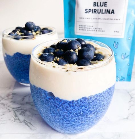 blue spirulina Spirulina Chia Pudding, Spirulina Recipes, Hemp Seed Recipes, Spirulina Smoothie, Chia Seed Recipes Pudding, Chia Recipe, Candida Diet Recipes, Coconut Chia Pudding, Blue Spirulina