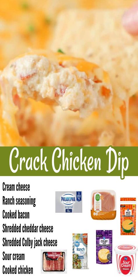 This Crack Chicken Dip is so good!! Bacon, cheese, chicken, ranch, WOW this is amazing. We love serving it with tortilla chips. Cracked Chicken Dip, Chicken Bacon Dip, Shredded Chicken Cream Cheese Recipes, Crockpot Chicken Dip, Shredded Chicken Dip, Cracked Chicken Dip Recipe, Mexican Chicken Dip Crockpot, Spicy Chicken Ranch Dip, Chicken Bacon Ranch Dip