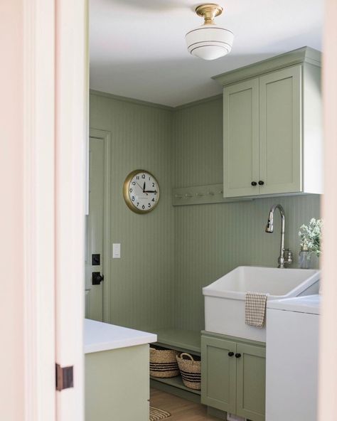 Light and Dwell on Instagram: “If you could paint your laundry room any color, what would it be? This is “ Rolling Hills “ by Benjamin Moore from our #Brooklaneproject 📷:…” Modern Mudroom Ideas, Green Laundry Room, Modern Mudroom, Surface Mounted Light Fixture, Sage Green Paint, Green Laundry, Light And Dwell, Mudroom Ideas, Reupholster Furniture