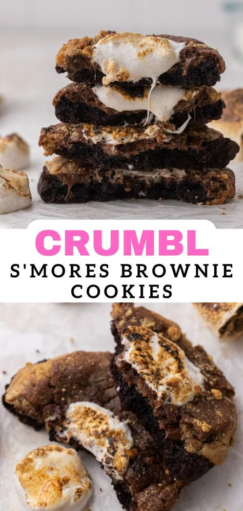 These Crumbl s’mores brownie cookies are every s’mores lover’s dream! Made with a thick brownie cookie, a layer of graham cracker cookie, a layer of brownie ( YES! Actual brownie batter), and a final layer of toasted marshmallow to make your heart extra happy. Copycat Crumble, Crumbl Recipes, Chocolate Brownie Cookie, Crumbl Copycat, Crumble Cookie Recipe, Crumble Cookie, Crumble Cookies, Graham Cracker Cookies, Chocolate Brownie Cookies