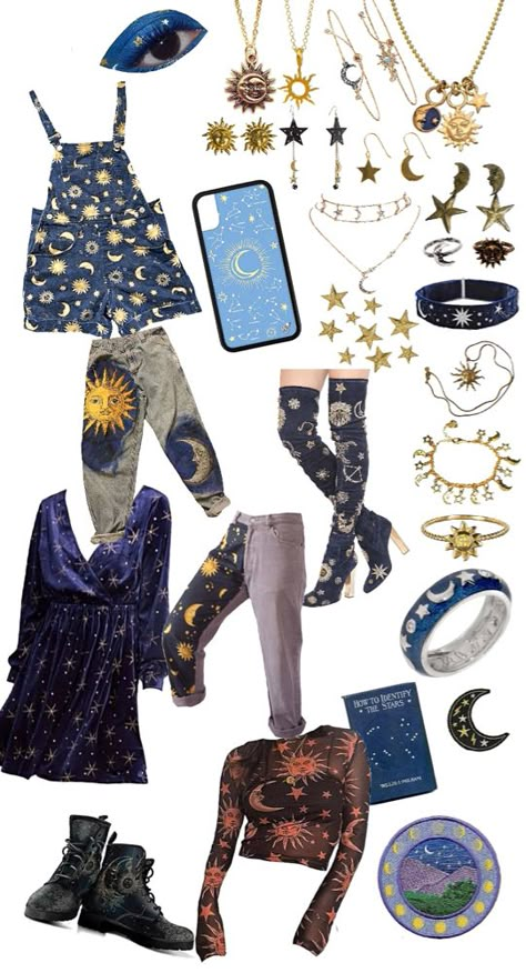 Moon And Stars Aesthetic Outfit, Starcore Outfit Ideas, Galaxycore Style, Moondrop Cosplay Ideas, Moondrop Outfit Ideas, Sundrop Outfit Ideas, Cosmic Aesthetic Outfits, Space Academia Aesthetic Outfit, Celestialcore Aesthetic