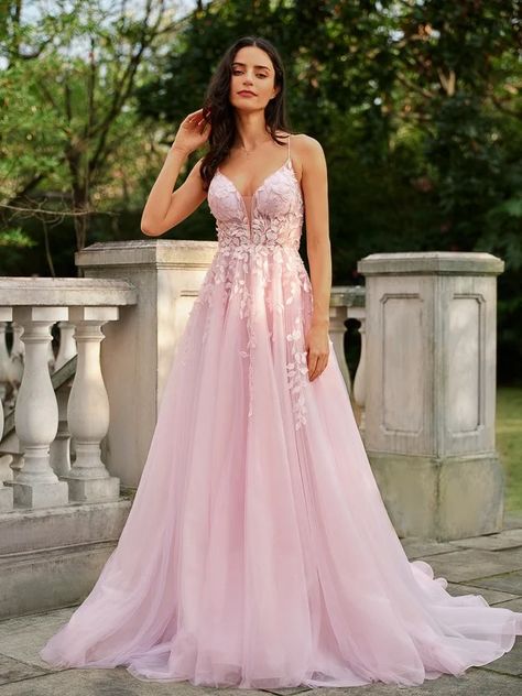 A-Line/Princess Tulle Applique V-neck Sleeveless Court Train Dresses Pink Grad Dresses, Blush Pink Prom Dresses, Tulle Applique, Pink Prom, Evening Dresses Cocktail, Grad Dresses, Pink Prom Dresses, Dress Inspo, Guest Dress