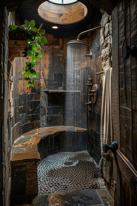 Cool Bathtub Ideas, Cool Shower Designs, My Dream Bathroom, Dark Bathroom Interior Design, Small Bathtubs Ideas, Earthy Shower Ideas, Cool House Decorations, Cool House Ideas Creative Interior Design, Small Shower Decor