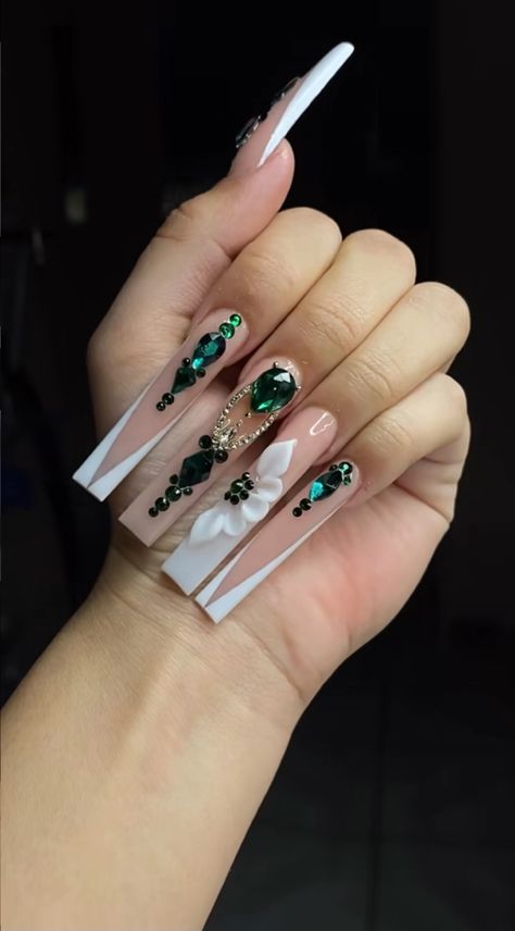 Long XL nails, green nails, v french tip nails, nail charms, acrylic nail flowers, bling nails, summer nails, rhinestone nails, ombre nails, graduation nails, black girl nails, nail inspo, cute nails, nude nails, simple nails Nails V French Tip, Hunter Green Acrylic Nails, Graduation Nails Black, Acrylic Nail Flowers, V French Tip Nails, Hispanic Nails, V French Tip, Crazy Acrylic Nails, Nails Graduation