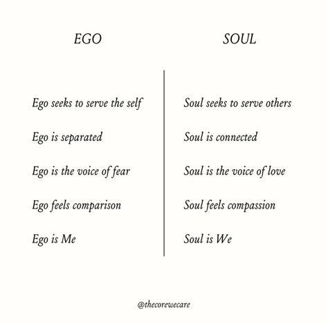 ✨Where Ego allows us the experience of this life, Soul is life​​​​​​​✨ ​​​​​​​​ Eventually All is One, but it helps for our awareness as humans to make the discernment, so we can choose wisely and come from a place of integration and consciousness. ​​​​​​​​ ​​​​​​​​ Curious to hear what you would add to the list of Ego and Soul, consciousness, please comment below👇 Ego And Soul Quotes, Soul Awakening Quotes, Feed The Soul, Soul Purpose, What Is Ego, What Is Consciousness, Ego Vs Soul, Let It Flow, Awakening Quotes