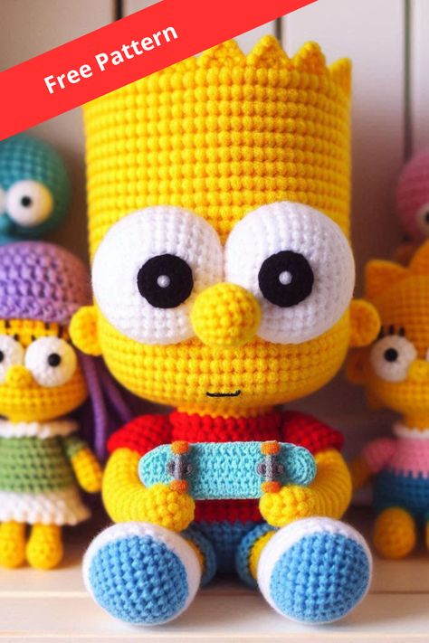 Crochet your own Bart Simpson amigurumi with this complete and detailed pattern. Perfect for fans of "The Simpsons" and crochet enthusiasts! Simpsons Crochet Free Pattern, Crochet Patterns Disney Free, Bart Simpson Crochet Free Pattern, Crochet Bart Simpson, Crochet Crash Bandicoot, Crochet Woodstock Free Pattern, Eeyore Crochet Pattern Free, Giant Amigurumi Free Pattern, Crochet Cocomelon