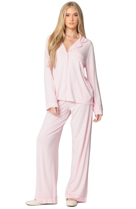 Drift off to dreamland in style with this light and airy button-front shirt trimmed with tonal piping. Front button closure Notched collar Long sleeves Chest patch pocket 95% rayon, 5% spandex Machine wash, dry flat Imported Pretty Pajamas Nightgowns, Cute Pink Pyjamas, Pink Striped Pajamas, Cute Pajamas Women, Pajamas Set For Women, Cute Pjs Winter, Valentine’s Day Pajamas, Cute Pink Pjs, Classy Pjs