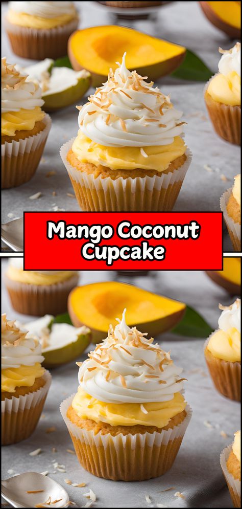 Experience a tropical paradise with these Mango Coconut Cupcakes! 🥭🥥 Moist vanilla cupcakes are infused with sweet mango and topped with creamy coconut frosting, creating a delightful combination of fruity and tropical flavors. Each bite transports you to a sun-soaked beach, making these cupcakes perfect for summer parties, brunches, or any special occasion.  #MangoCoconutCupcake #Dessert #Baking #TropicalTreats #SweetIndulgence Carribean Desserts Recipes, Carribean Desserts, Coconut Dessert Recipes, Mango Cupcakes, Coconut Cupcake Recipes, Coconut Recipes Dessert, Moist Vanilla Cupcakes, Mango Cake, Coconut Frosting