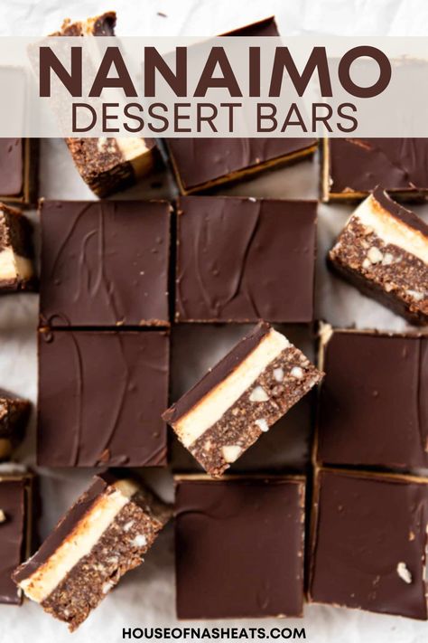 These no-bake Nanaimo treats are made with a crunchy base, and a creamy custard filling, that's finished with a decadent melted chocolate layer on top. These delicious bars are perfectly paired with a cup of hot coffee or a cold glass of milk! | nanaimo bars canadian | nanaimo bars recipe | nanaimo bars no bake recipe | nanaimo bar recipe no bake | no bake nanaimo bar recipe | best nanaimo bar recipe | easy nanaimo bars recipe Nanaimo Bar, Nanaimo Bar Recipe, Lemon Icebox Cake, Easy Bar Recipes, Almond Crust, Nanaimo Bars, Homemade Custard, Almond Crusted, Custard Filling