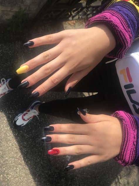 Red Black And Yellow Nails, Black Red And Yellow Nails, Red Black Yellow Nails, Red And Black Nails Natural, Deadpool Inspired Nails, Yellow Red Nails, Black Nails With Yellow Tips, Yellow And Black Nails Design Simple, Yellow Nails Aesthetic