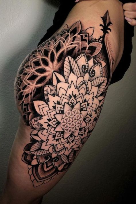 20 Stunning Badass Hip Tattoos For Women Mandala Hip Tattoo, Paisley Tattoos, Portfolio Reference, Mandala Tattoo Designs, Tattoo Pierna, Side Thigh Tattoos, Bum Tattoo, Hip Thigh Tattoos, Female Tattoos