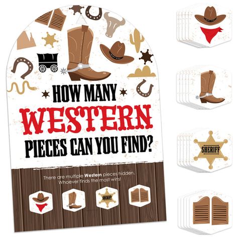 Round up your passel of trouble and throw a party that puts the wild in Wild West. This classic Western Hoedown Party collection features a cowboy hat, cowboy boots, gold star-shaped sheriff badge, and with classic red paisley and cow print patterns. Style your saloon with country western-themed beverage bar labels and Hexagon Game, Party Scavenger Hunt, Cowboy Theme Party, Scavenger Hunt Games, Sheriff Badge, Wild West Cowboys, Classic Party, Cowboy Party, Birthday Party Games