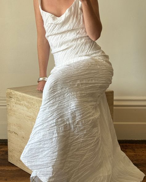 1990s crinkle bias cut slip dress with a stunning plunging back ☁️ — Made in Australia #sold Bias Cut Wedding Dress, Cut Wedding Dress, Slip Wedding Dress, Crinkle Fabric, Backless Design, Backless Wedding Dress, Cowl Neckline, Bridal Designs, Dress Fabric