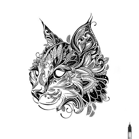 Cat design. Fantasy and Surreal meet in Ink Drawings. Click the image, for more art by Thiago Bianchini. Thiago Bianchini, Lynx Tattoo, Element Tattoo, Zentangle Animals, Animals Tattoo, Instagram Illustration, Cat Tattoo Designs, Mandala Tattoo Design, Tattoo Outline