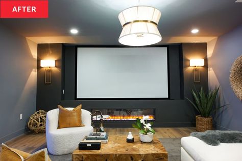 Projector Screen Entertainment Center, Basement With Projection Screen, Basement Ideas Projector, Electric Fireplace Under Projector Screen, Projector In Basement Ideas, Basement With Projector, Projector In Basement, Basement Projector Wall Ideas, Living Room With Projector Ideas