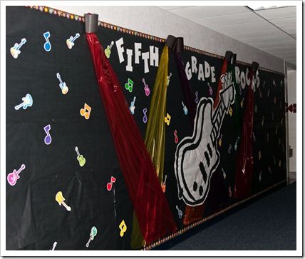 Several great ideas for bulletin boards.  Uses of saran wrap, trash bags, plates, etc.... THESE ARE AWESOME!!!!!!!! Rock Star Bulletin Board, Rockstar Bulletin Board Ideas, Rock And Roll School Hallway, Rock N Roll Bulletin Board Ideas, Star Themed Classroom, Hallway Bulletin Boards, Rock Star Theme, First Grade Parade, Music Bulletin Boards