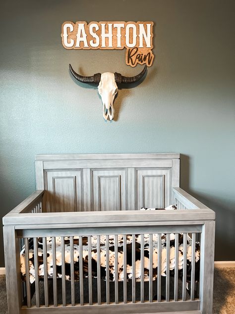 "Our stacked outline name signs are the perfect final touch to your room decor. These wooden signs are perfect for nurseries, kids rooms and even business logos. This western theme sign adds a great touch to your longhorn themed nursery. |LISTING EXAMPLE| First Name Font & Color: Beau, White Middle Name Font & Color: Melody, Black Stain: Special Walnut   |DETAILS| Letters are ¼\" thick with painted tops and black sides. They are then attached to ½\" premium grade birch wood. Each sign comes with Different Nursery Themes, Western Name Sign, Western Cowboy Nursery, Yellowstone Nursery Theme, Western Baby Nursery Ideas, Log Cabin Nursery, Cowboy Nursery Ideas, Baby Name Nursery Signs, Western Boy Nursery Ideas