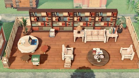 #animalcrossingnewhorizons #acnh #animalcrossing #designideas #library Acnh Island Library, Acnh Bookstore Design, Acnh Outside Library, Acnh Things To Build, Acnh Builds Ideas, Acnh Library Codes, Animal Crossing Library Ideas, Things To Build In Animal Crossing, Acnh Bookshelf Design