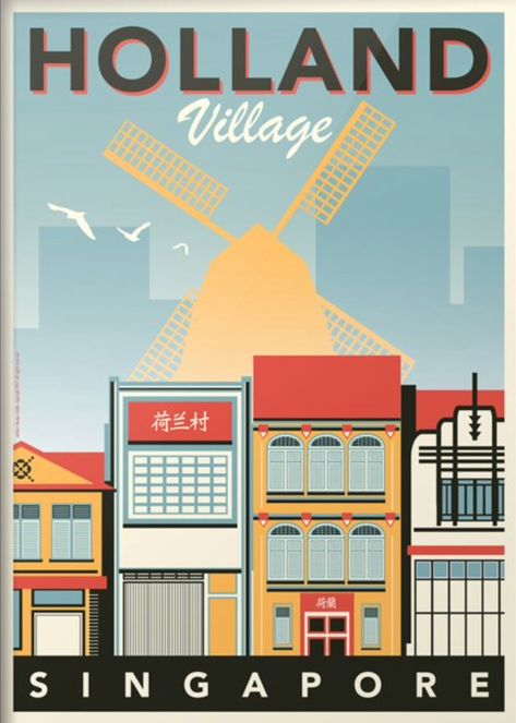 Holland Village, Singapore Singapore Illustration, Holland Village Singapore, Posters Inspiration, Minimal Travel, Retro Posters, Travel Postcard, Singapore Travel, Voyage Europe, Poster Artwork