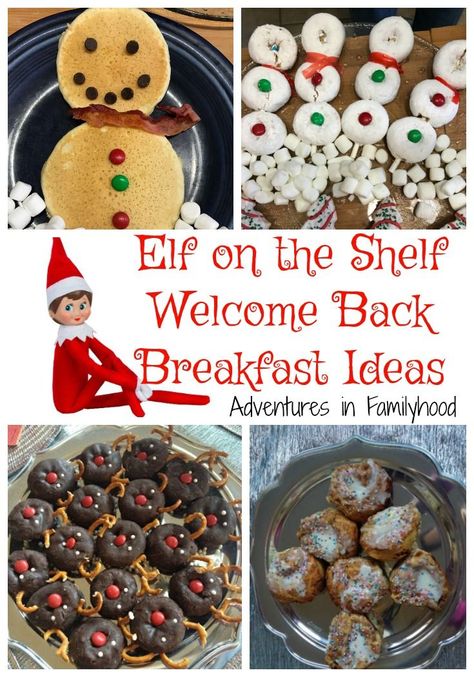 Elf on the Shelf Welcome Back breakfast with a fun holiday ideas for Christmas themed treats and breakfast foods. #elfontheshelf #breakfast #christmas via @Advinfamilyhood Breakfast Ideas Fun, Northpole Breakfast, Breakfast Ideas For Christmas, Elf On The Shelf Breakfast, Elf Breakfast, Elf On The Shelf Welcome, Holiday Breakfast Ideas, Kids Holiday Crafts, Christmas Pancakes