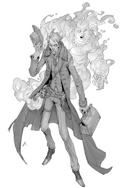 ArtStation - GHOST HUNTER-Mr. and Mrs. Anderson Half Ghost Half Human, Anime Ghost Character Design, Ghost Hunter Character Design, Ghost Hunter Oc, Ghost Hunter Outfit, Ghost Character Art, Tooth Wu, Ghost Character Design, Ghost Oc