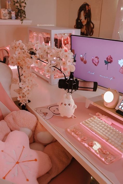 peach pink gaming setup Cherry Blossom Pc Setup, Cherry Blossom Gaming Setup, Pink Game Room, Pink Visionboard, Pink Gaming Setup, Rainbow Keyboard, Pc Games Setup, Games Room Inspiration, Gaming Desk Setup