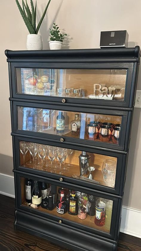 Paint It Beautiful | I just repaired and painted an antique barrister bookcase that my husband inherited from his mom | Facebook Bar Hutch, Bookcase Makeover, Liquor Storage, Bookcase Bar, Barrister Bookcase, Antique Bookcase, Diy Home Bar, Fusion Paint, Vintage Bookcase