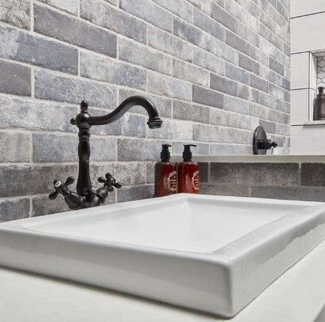 Grey Brick Backsplash, Glass Tiles Kitchen, Glass Tile Backsplash Kitchen, Brick Backsplash Kitchen, Porcelain Tile Bathroom, Backsplash Tile Design, Brick Look Tile, Arizona Tile, Gray Porcelain Tile