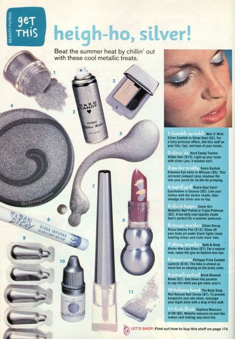 90s Catalog, Y2k Magazine, 90s Magazine, 2000s Magazines, Vintage Makeup Ads, Y2k Makeup, Vintage Editorials, Silver Makeup, Makeup Magazine