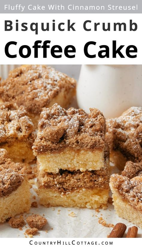 This moist Bisquick coffee cake is a quick and easy recipe you can put together in a pinch. Made with Bisquick baking mix, brown sugar, and butter, it takes just 20 minutes and 7 pantry staple ingredients to prepare this simple, soft and fluffy coffee crumb cake. You can whip it up whenever you’re in the mood for homemade cake. The Bisquick cinnamon streusel cake is perfect for breakfast, brunch and teatime, bring to a bake sale, but could also double as dessert. | CountryHillCottage.com Bisquick Sour Cream Coffee Cake, Bisquick Coffee Cake Recipe Sour Cream, Sour Cream Baking Recipes, Bisquick Coffee Cake, Bisquick Coffee Cake Recipe, Bisquick Breakfast, Bisquick Mix Recipe, Easy Coffee Cake, Wild Recipes