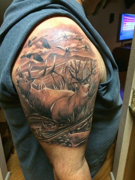 Hunting Tattoo, Wildlife Tattoo, Deer Tattoo, Elk Tattoo Dude Tattoos, Hunting Tattoo Ideas, Anthony Tattoo, Outdoor Tattoos, Bow Hunting Tattoos, Deer Hunting Tattoos, Tattoo Deer, Justin Tattoo, Deer Tattoos