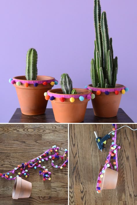 A Pom Poms Diy with Terra-cotta Pots Terra Cotta Pot Centerpieces, Pom Poms Diy, Mexican Flower Pots, Diy Pom Poms, Mexican Fiesta Party, Mexican Birthday, Terra Cotta Pot Crafts, Painted Pots Diy, Cactus Party