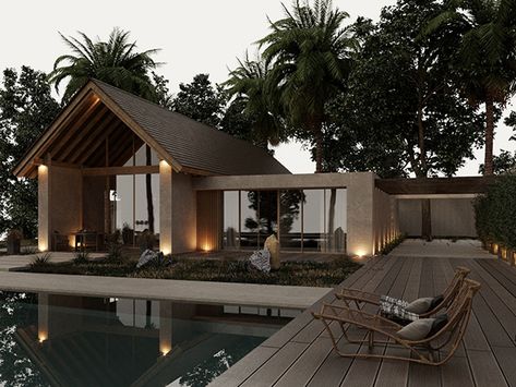 Bud Villa on Behance Beach Villa Design, Tropical Brutalism, Beach Bungalow Decor, Farm Resort, Balinese Villa, Tropical Villa, Faculty Of Architecture, Pool Villa, Tropical House