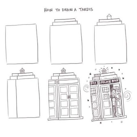 How to draw a Tardis - Philip Tseng Dr Who Drawings Easy, Tardis Drawing Simple, Tardis Drawing, Tardis Outline, Tardis Illustration, Diy Tardis How To Build, Doctor Who Crafts, Best Friend Birthday Cards, I Am The Doctor