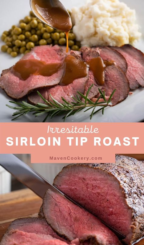 Slow roasting and an inexpensive cut of beef make this sirloin tip roast a delicious and economical beef roast that your family will love. It is easy to make-ahead and perfect for leftovers.  This sirloin tip roast recipe is destined to become one of your go-to recipes. How To Cook Sirloin Tip Roast, Loin Tip Roast Recipes Beef, Recipe For Sirloin Tip Roast, Beef Sirloin Roast Recipes, Sirloin Tip Roast Dutch Oven, Sirloin Tip Roast Oven Slow Cooker, Top Sirloin Roast Instant Pot, Beef Sirloin Tip Roast Recipes, Beef Tip Roast Recipes