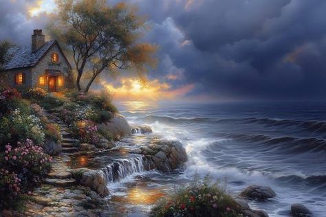 Coastal Serenity Custom Canvas Print Inspired by Thomas Kinkade Soft Colors Tranquil Home Decor Wall Art by CustomCanvasCurators ���🌅 Embrace the serene beauty of a coastal sunset with our "Coastal Serenity" custom canvas print! 🖼️ Inspired by the enchanting works of Thomas Kinkade, this artwork captures the tranquility of a charming cottage nestled among vibrant flowers, with soft waves crashing nearby and warm golden light spilling from the windows. 🏡🌺 Perfect for adding a touch of peace and... Thomas Kinkade Cottage, Thomas Kinkade Paintings, Autumn Prints, Kinkade Paintings, Tranquil Home, Charming Cottage, Art Landscapes, Waves Crashing, Custom Canvas Prints