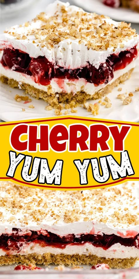 Cherry Yum Yum Recipe Cream Cheeses, Cherry Dream Whip Dessert, Cherry Yum Yum Recipe With Dream Whip, Cherry Yum Yum Recipe With Cool Whip, Cool Whip Deserts, Cherry Yum Yum Recipe Easy, Cherry Delight Dessert Cream Cheeses, Cream Cheese Cool Whip Dessert, Recipes Using Graham Crackers