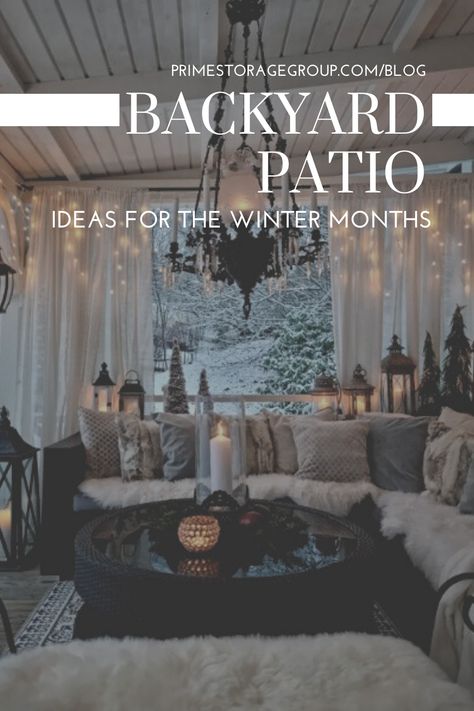 Winterizing Outdoor Patio, Outdoor Winter Gazebo Ideas, Winter Covered Patio, Cold Weather Patio Outdoor Spaces, Winter Patio Decor Outdoor Spaces, Winter Outdoor Space Patio, Winter Back Patio Ideas, Outdoor Parties In Winter, Cozy Winter Porch Ideas